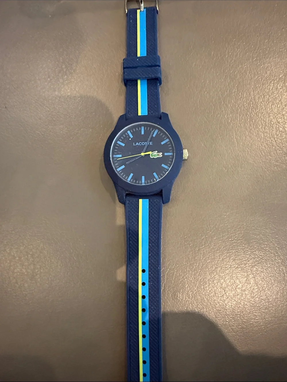 Lacoste Navy Blue Silicone Watch with Yellow and Light Blue Stripe